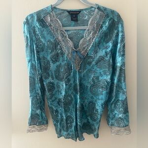 Francesca Rose blouse y2k rayon blue paisley lace trim longline blouse size M